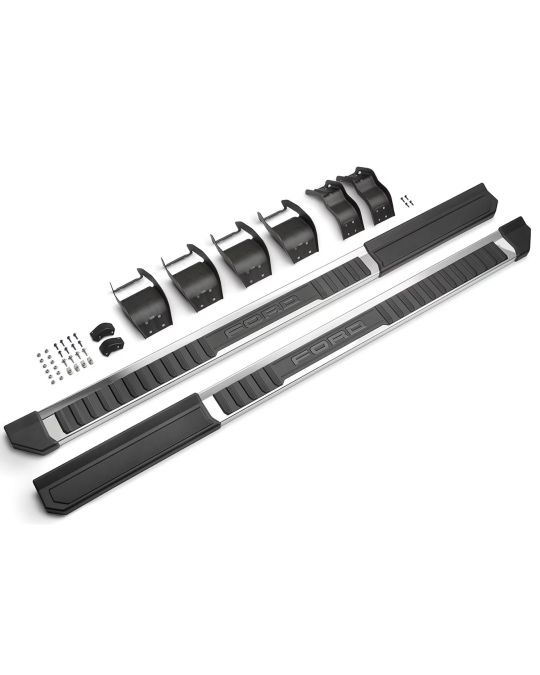 Ford Step Bars Extended Length - Chrome With Black Step Pads & FORD Logo - Super Cab