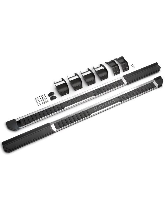Ford Step Bars Extended Length - Chrome With Black Step Pads & FORD Logo - Crew Cab With 6.5' Bed