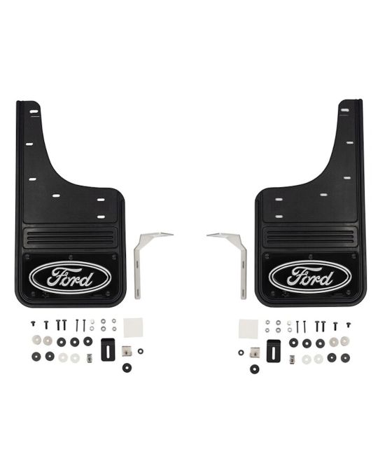 Ford Front Gatorback Splash Guards With Black Ford Oval Logo On Black Stainless Steel Surround