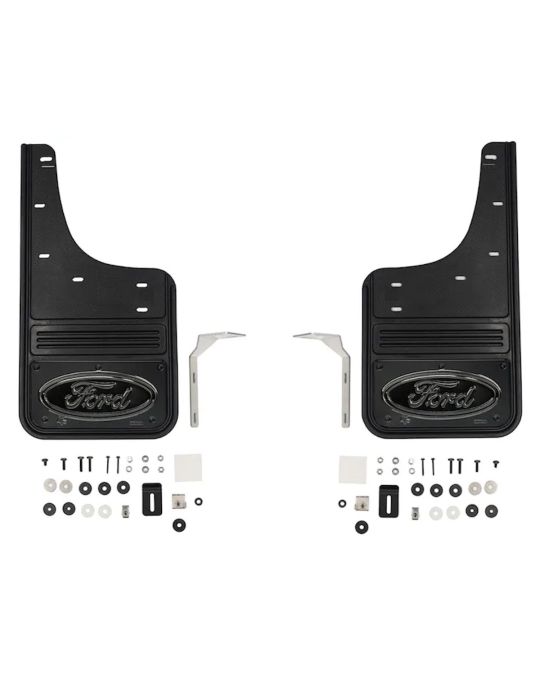 Ford Front Gatorback Splash Guards With Black Ford Oval Logo On Gunmetal Stainless Steel Surround