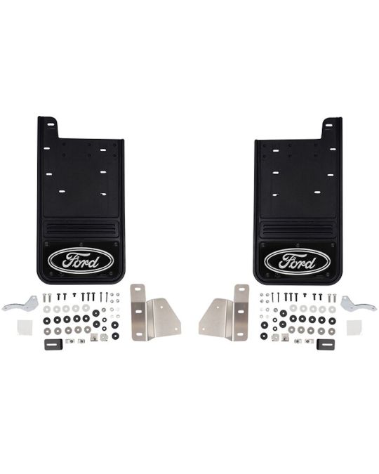 Ford Rear Gatorback Splash Guards With Black Ford Oval Logo On Black Stainless Steel Surround