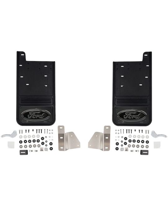 Ford Rear Gatorback Splash Guards With Black Ford Oval Logo On Gunmetal Stainless Steel Surround
